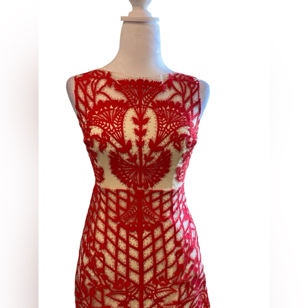 Anthropologie Bold Red Embroidered Dress Mesh Illusion Sleeveless Elegant Summer - Picture 4 of 11